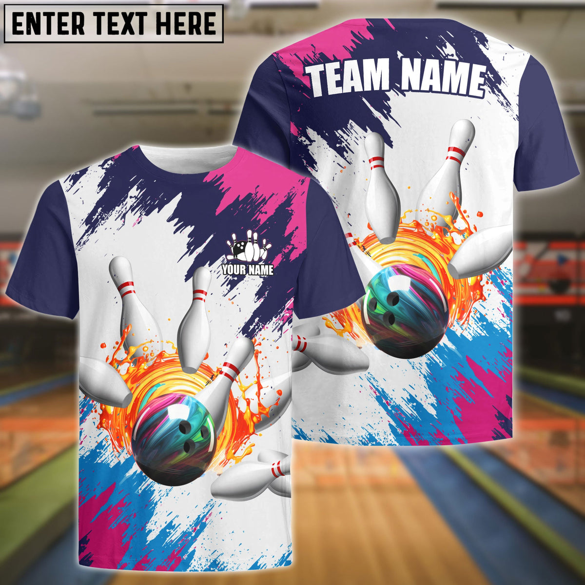 BlueJose Bowling And Pins Blue Pink Customized Name 3D Shirt