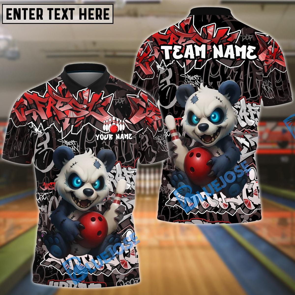 BlueJose Bowling And Pins Graffiti Panda Customized Name, Team Name 3D Shirt (4 Colors)