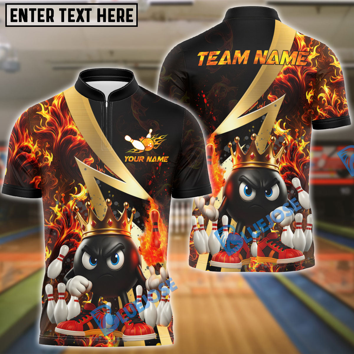 BlueJose Bowling And Pins Royal Flames Customized Name, Team Name 3D Shirt (4 Colors)