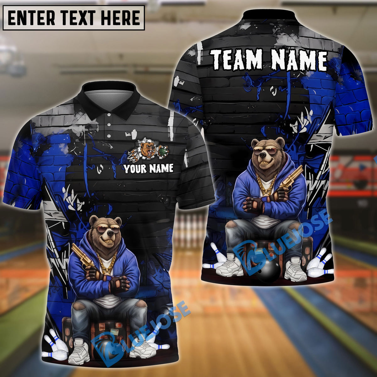 BlueJose Bowling And Pins Bear Graffiti Hoodie Gangster Customized Name, Team Name 3D Shirt (4 Colors)