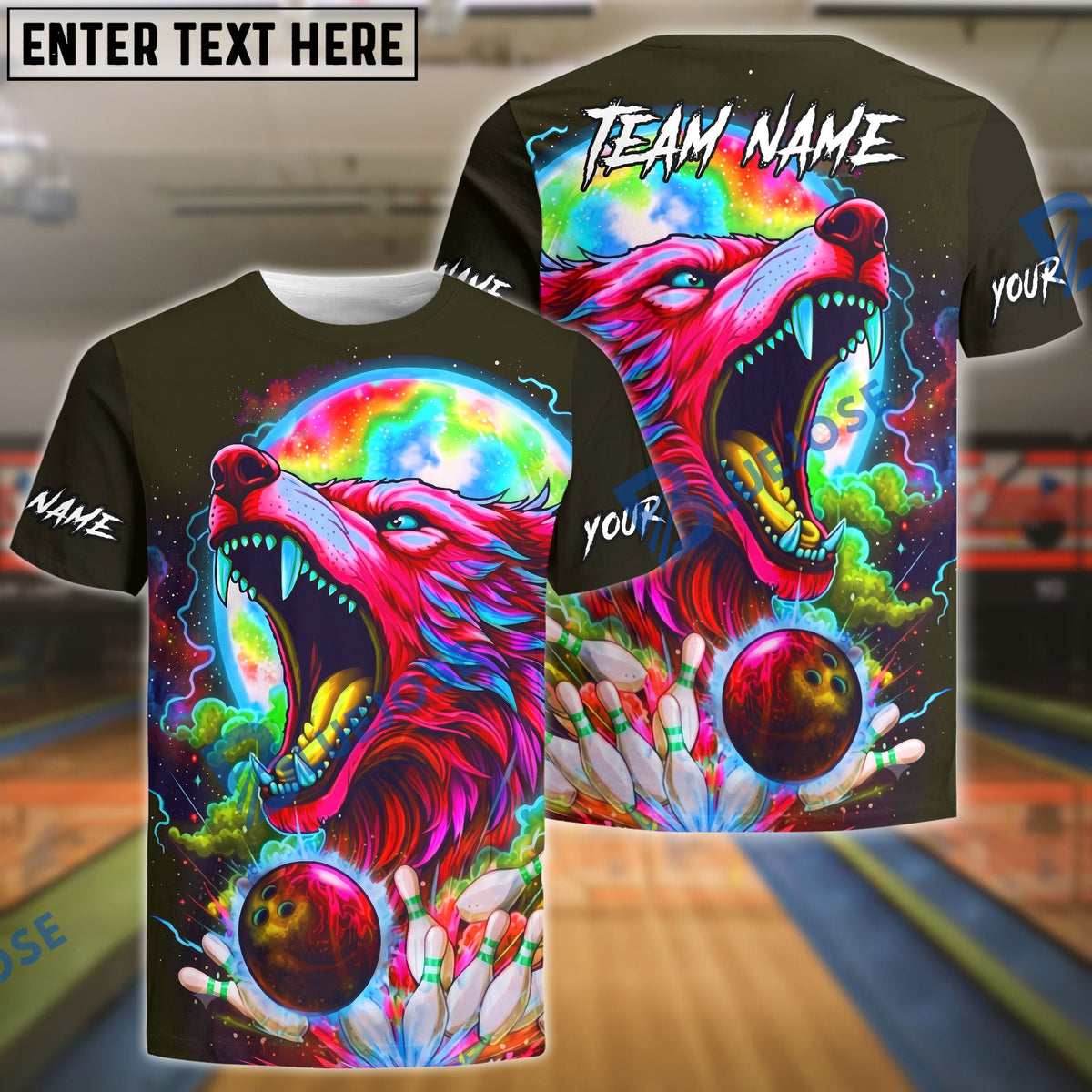BlueJose Bowling And Pins Neon Cosmic Wolf Customized Name, Team Name 3D Shirt (4 Colors)