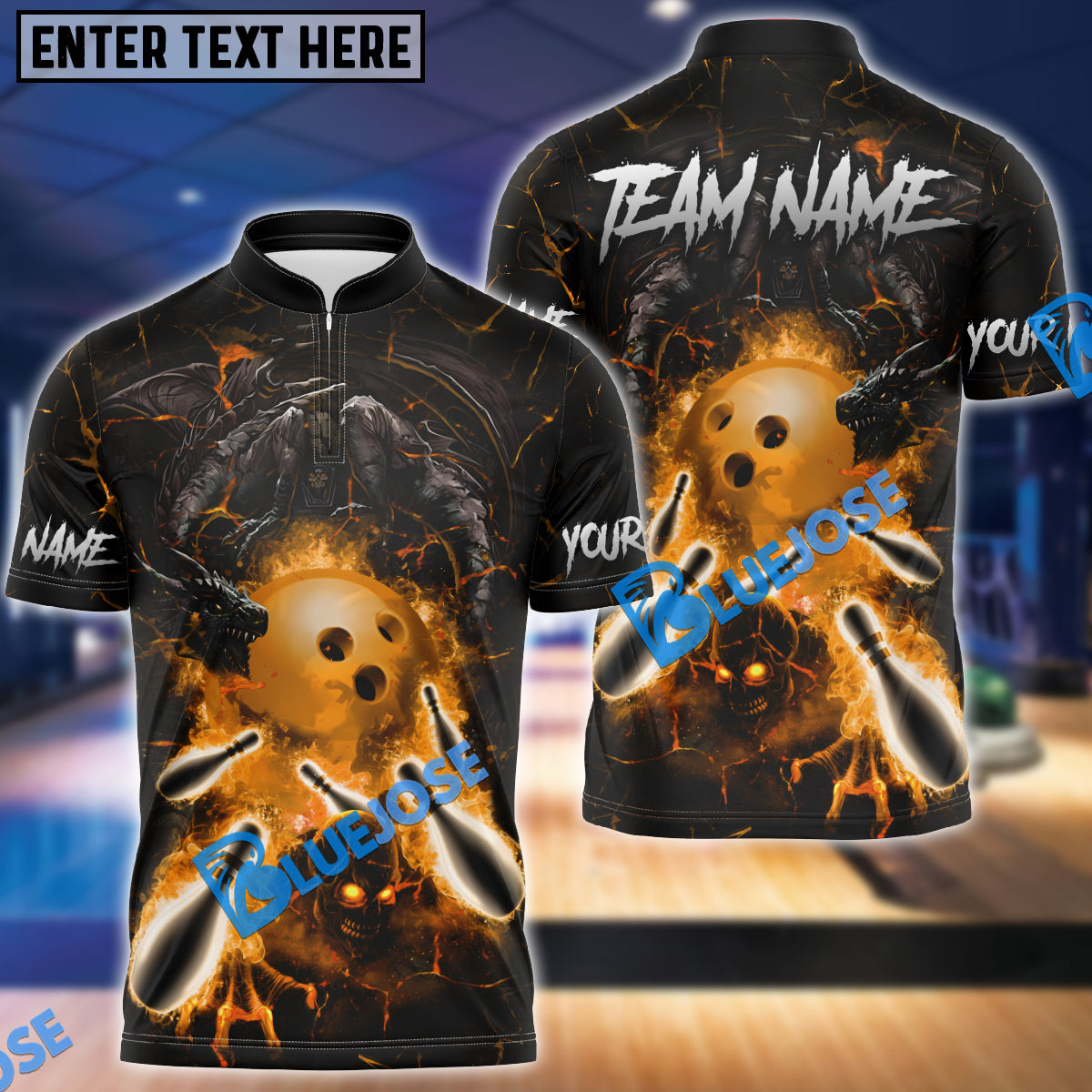 BlueJose Bowling And Pins Dragon And Skull Multicolor Customized Name 3D Shirt (4 Colors)