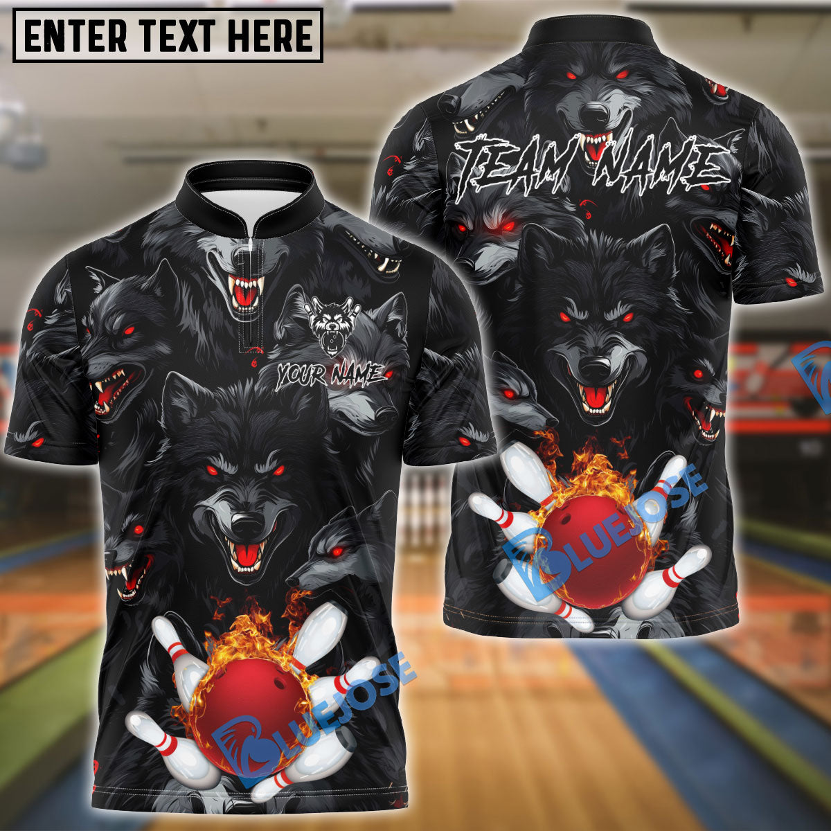 BlueJose Bowling And Pins Eyed Dark Wolf Pack Customized Name, Team Name 3D Shirt (4 Colors)