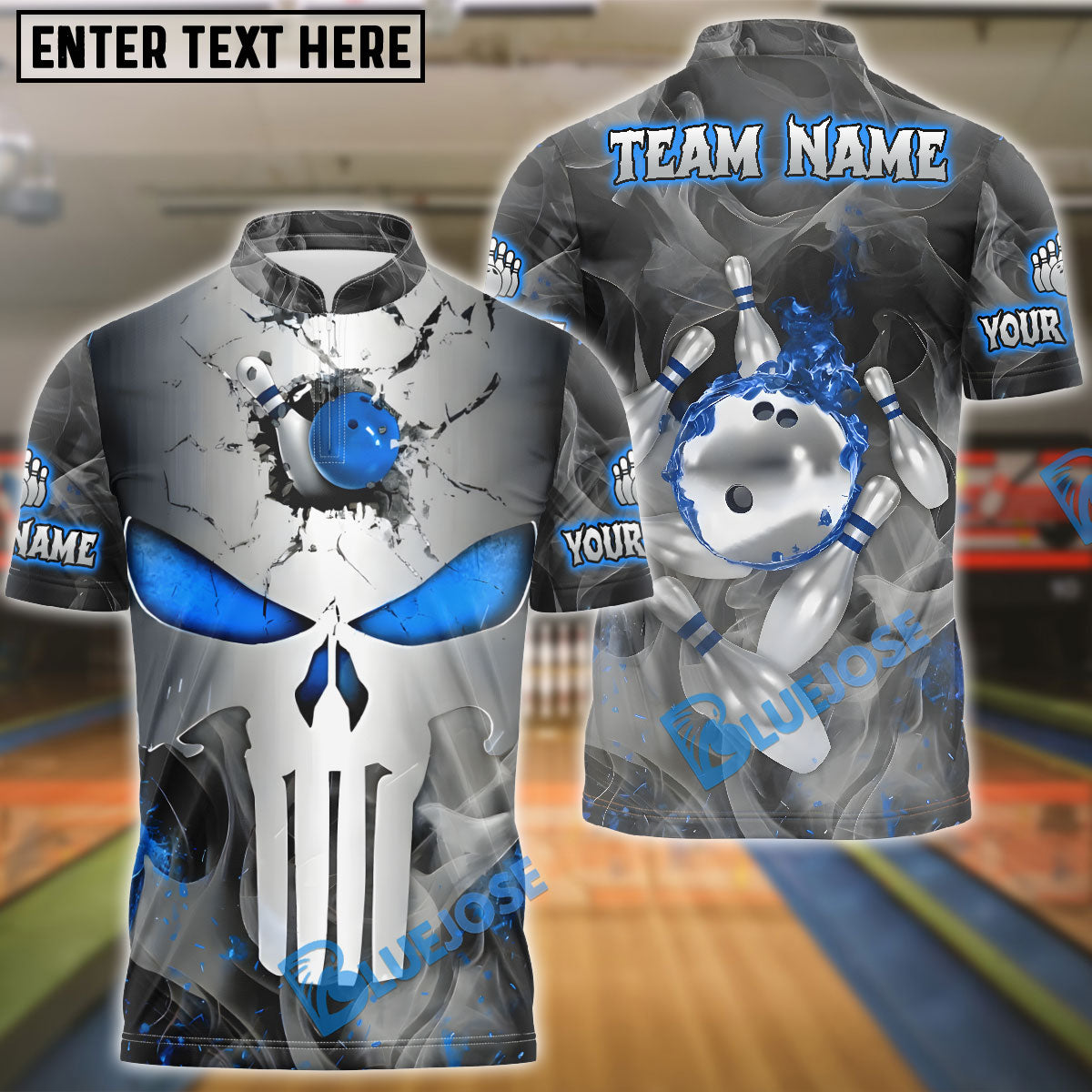 BlueJose Bowling And Pins Punisher Skull Metal Smoke Customized Name, Team Name 3D Shirt (4 Colors)
