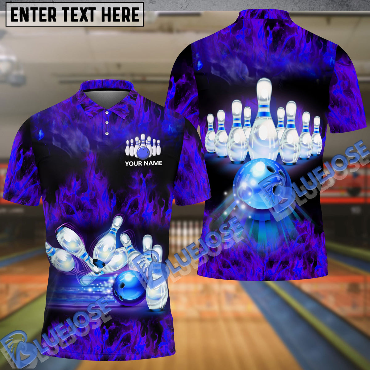 BlueJose Bowling Flame Pattern Multicolor Customized Name 3D Polo Shirt
