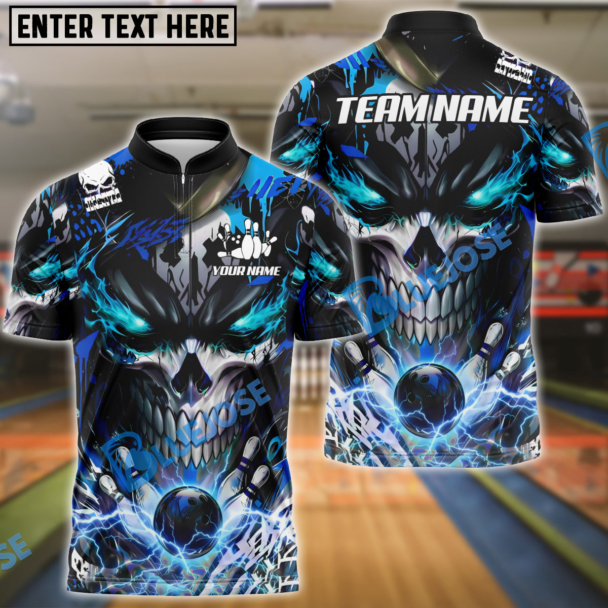 BlueJose Bowling And Pins Neon Skull Electric Energy Bowling Ball Dark Graphic Customized Name, Team Name 3D Shirt (4 Colors)