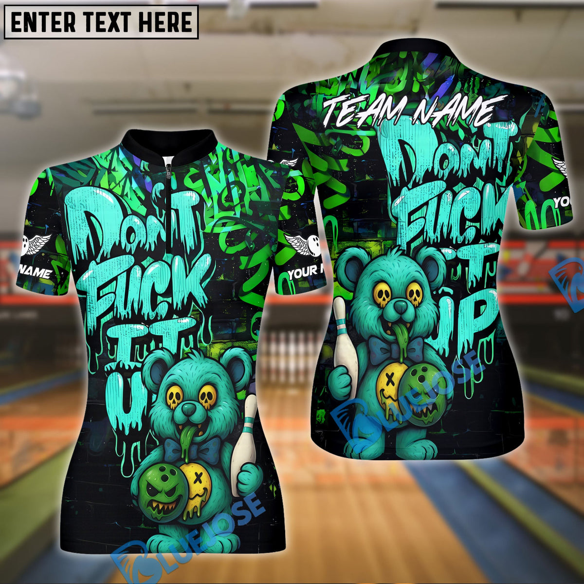 BlueJose Bowling And Pins Bear Scary Teddy Graffiti Style Customized Name, Team Name 3D Shirt (4 Colors)