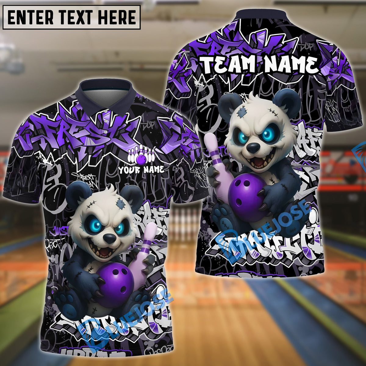 BlueJose Bowling And Pins Graffiti Panda Customized Name, Team Name 3D Shirt (4 Colors)