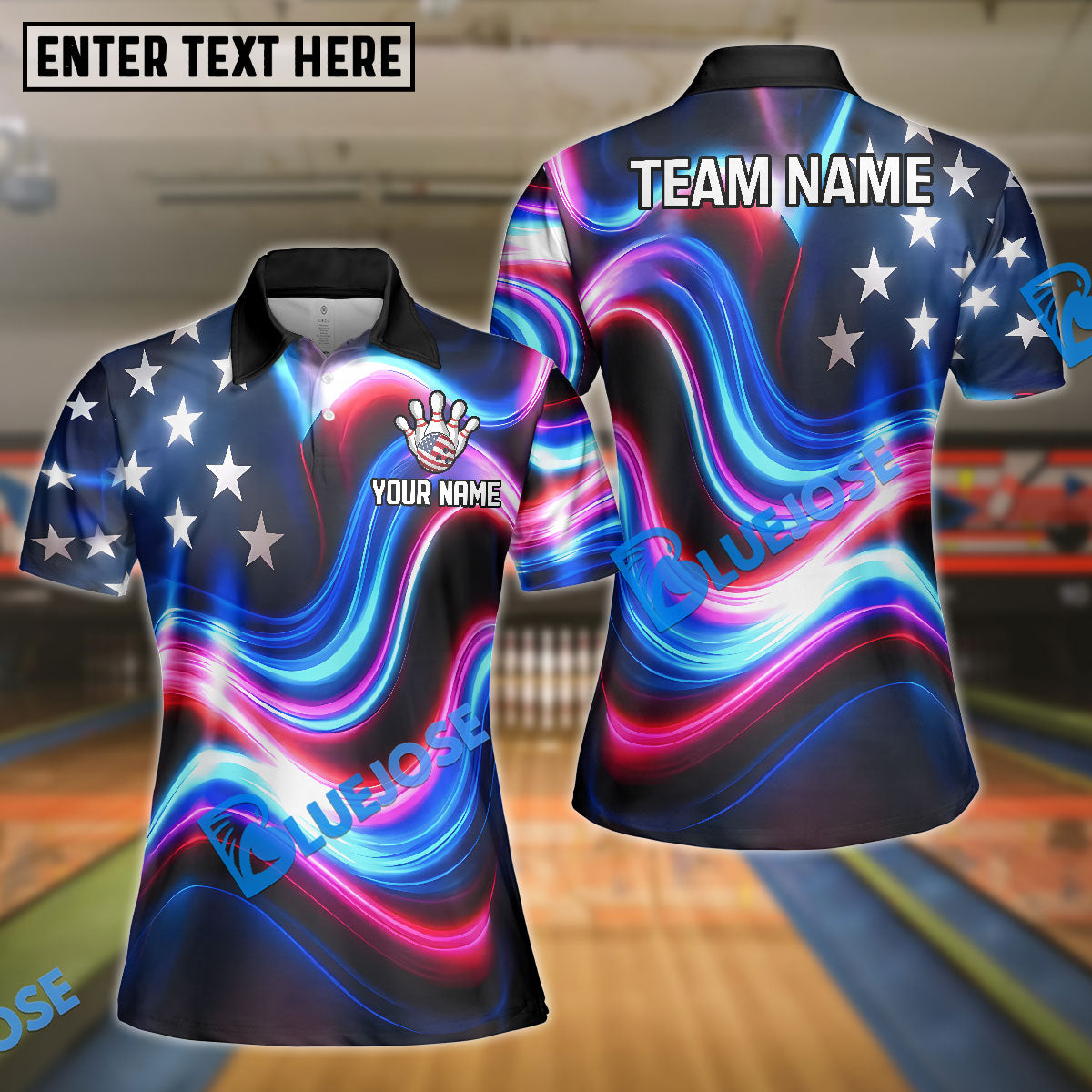 BlueJose Bowling And Pins American Flag Watercolor Customized Name, Team Name 3D Shirt