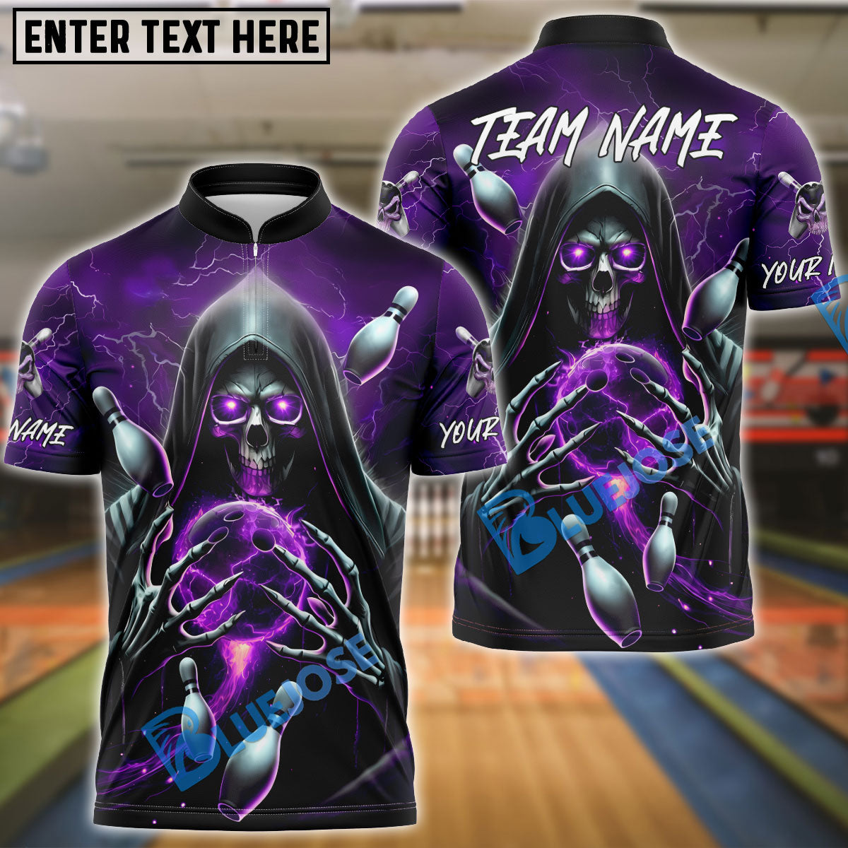 BlueJose Bowling And Pins Skull Grim Reaper Lightning Customized Name, Team Name 3D Shirt (4 Colors)
