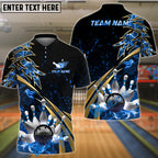 BlueJose Bowling And Pins  Flame Premium Golden Line Customized Name 3D Shirt ( 6 Colors)