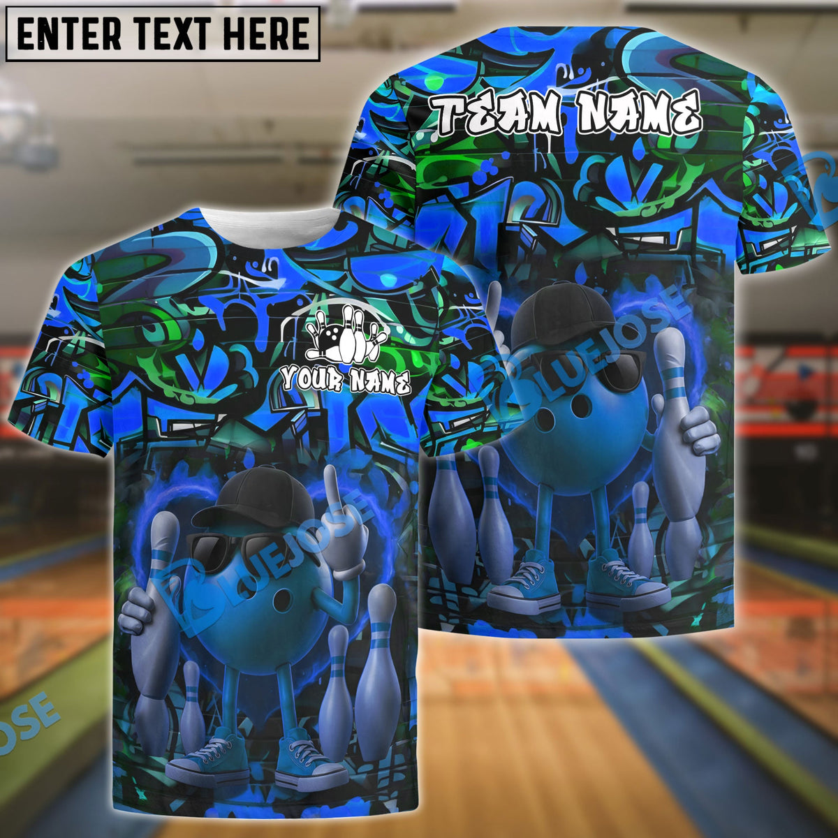 BlueJose Street Bowling Attitude Graffiti Pattern Customized Name, Team Name 3D Shirt (4 Colors)