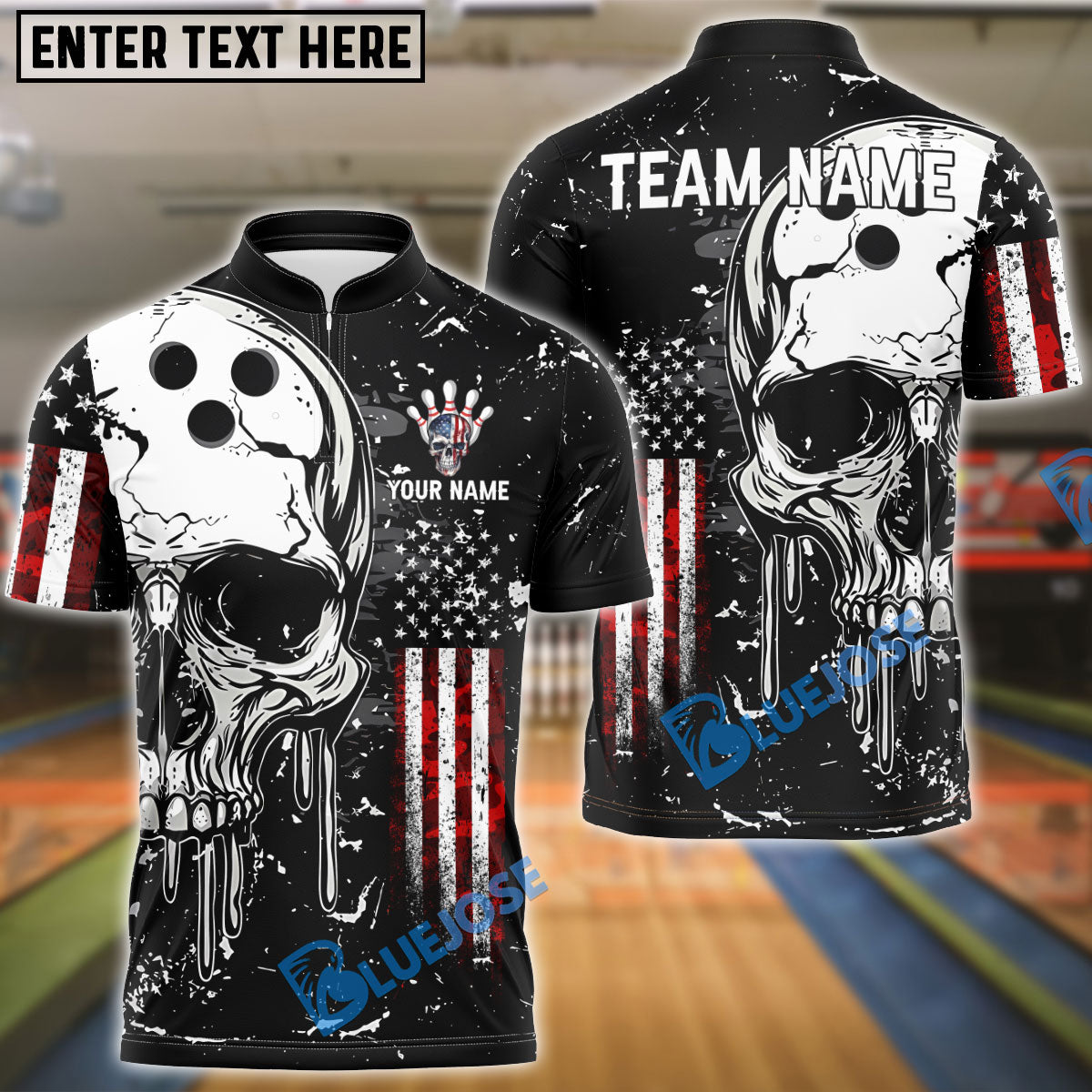 BlueJose Bowling And Pins American Flag Skull Customized Name, Team Name 3D Shirt