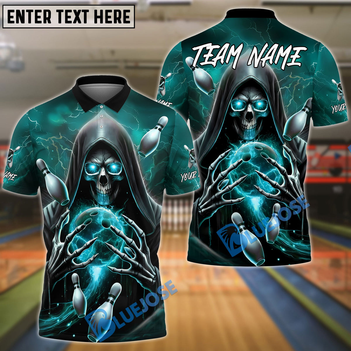 BlueJose Bowling And Pins Skull Grim Reaper Lightning Customized Name, Team Name 3D Shirt (4 Colors)