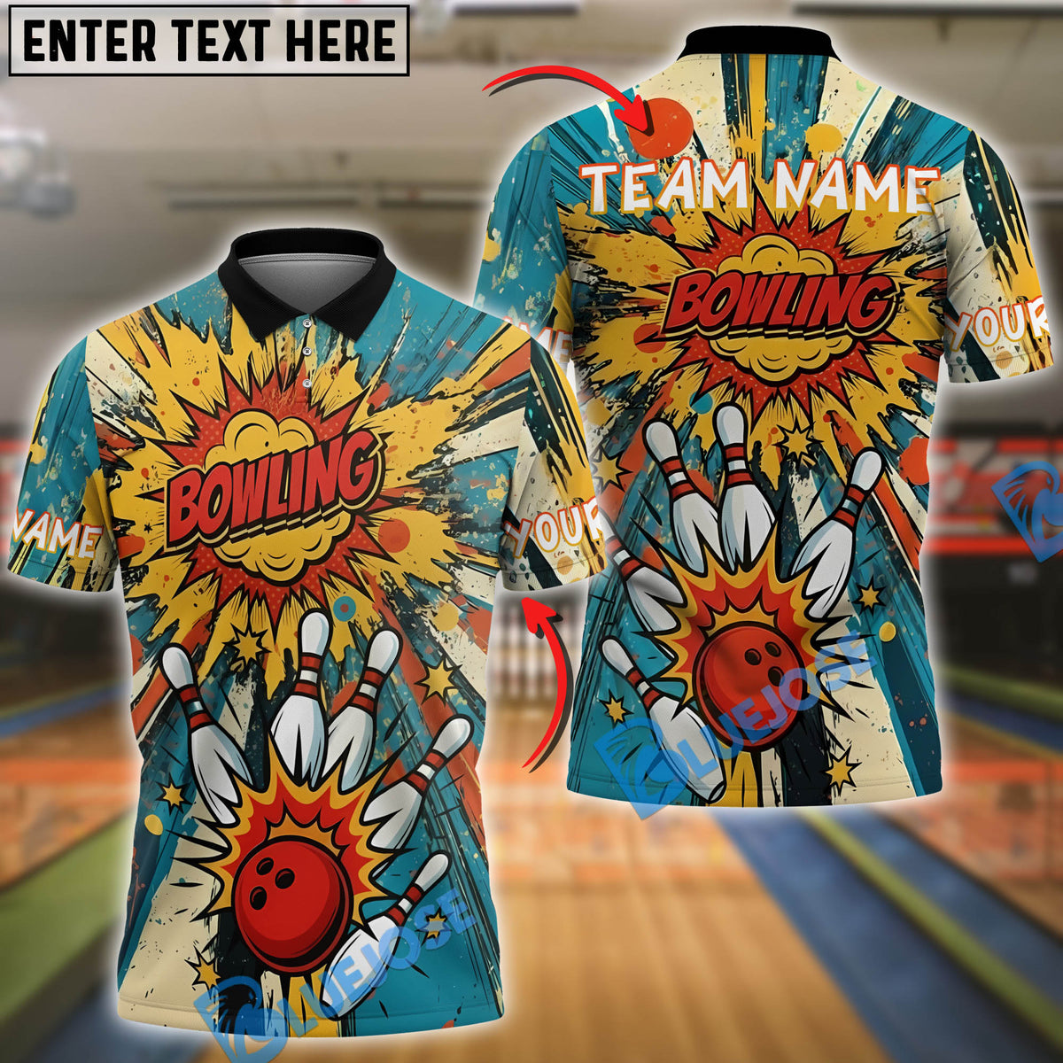 BlueJose Bowling And Pins Comic Explosion Customized Name, Team Name 3D Shirt (4 Colors)