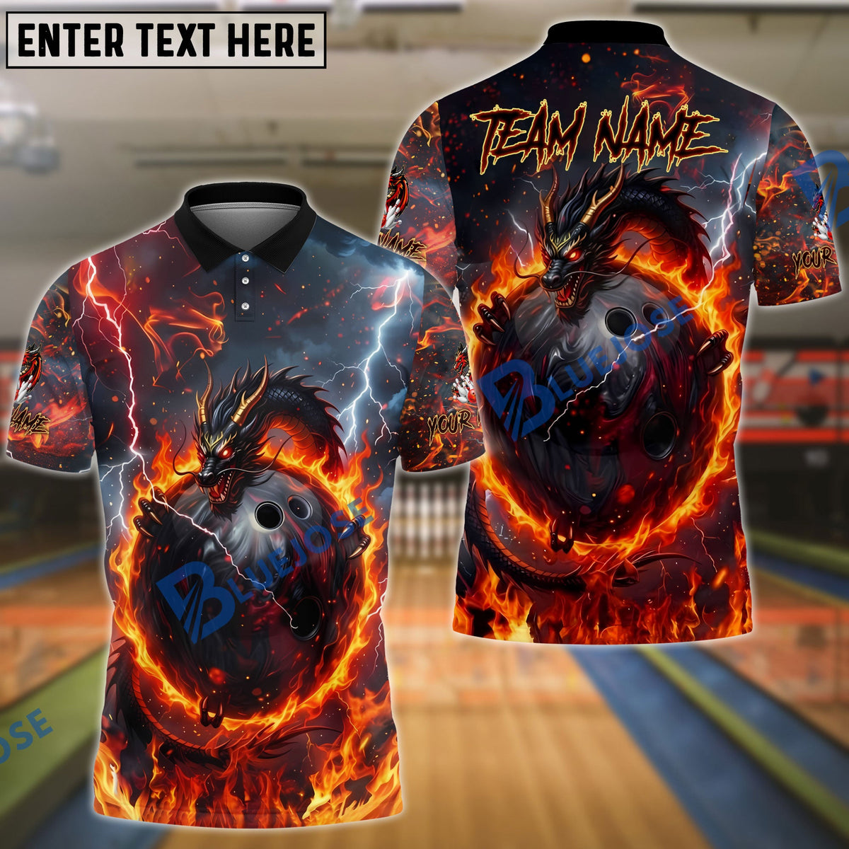 BlueJose Bowling Fire Black Dragon & Bowling Ball Customized Name, Team Name 3D Shirt (4 Colors)