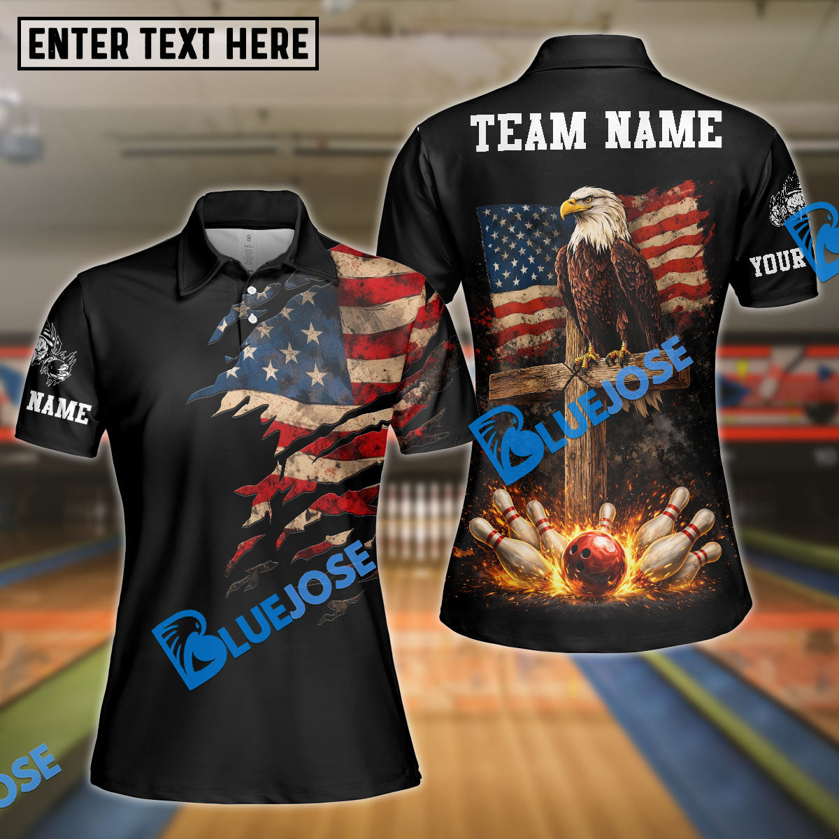 BlueJose Bowling Distressed American Flag Rip Shoulder & Eagle Cross Strike Art Personalized Name, Team Name 3D Shirt