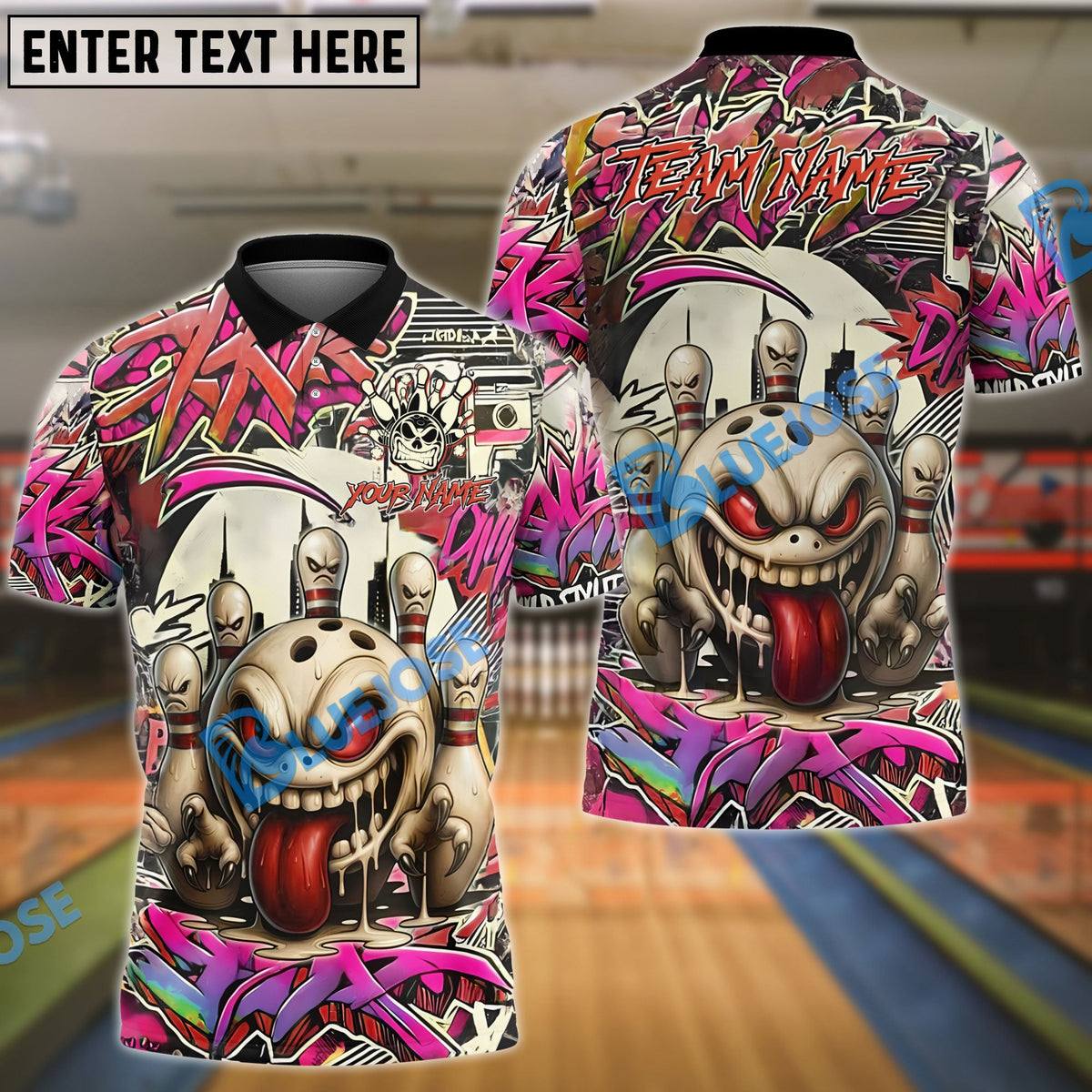 BlueJose Bowling Mad Bowl Graffiti Style Customized Name, Team Name 3D Shirt (4 Colors)