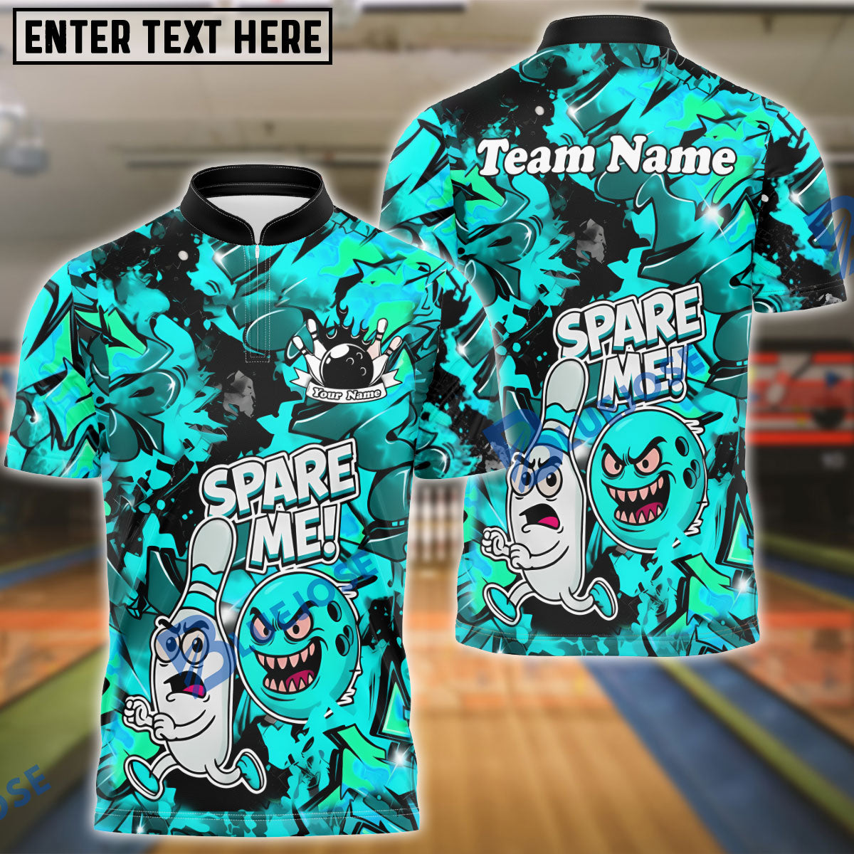 BlueJose Bowling Spare Me Cartoon Fire Burst  Customized Name, Team Name 3D Shirt (4 Colors)