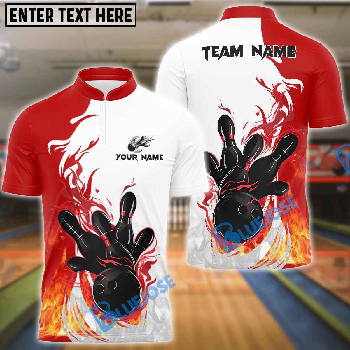 BlueJose Bowling And Pins Basic Fire Flame Customized Name 3D Shirt (4 Colors)
