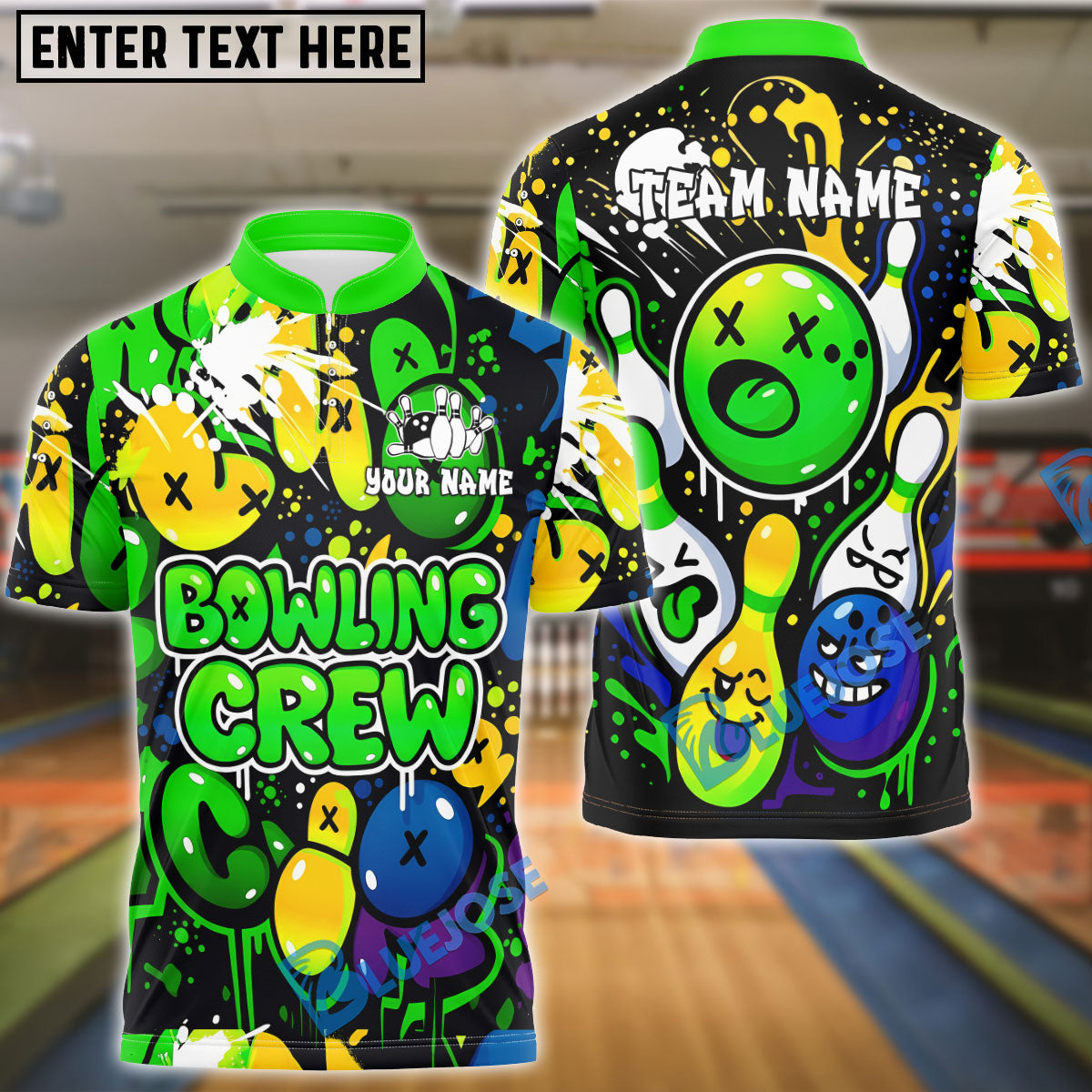BlueJose Bowling Crew Graffiti Customized Name, Team Name 3D Shirt (4 Colors)