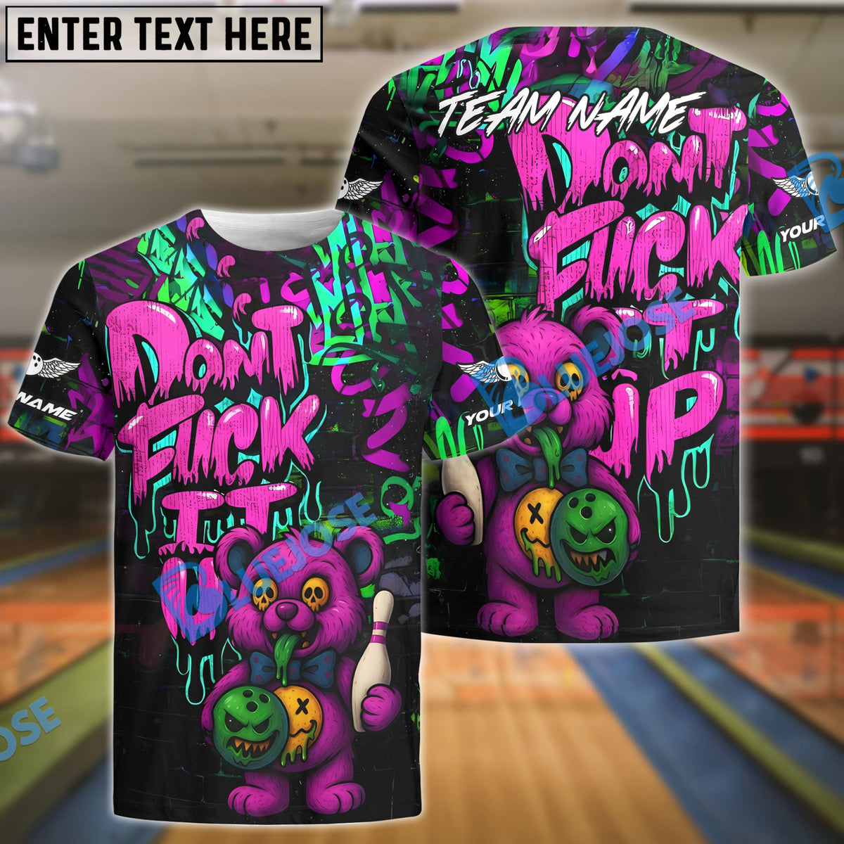 BlueJose Bowling And Pins Bear Scary Teddy Graffiti Style Customized Name, Team Name 3D Shirt (4 Colors)