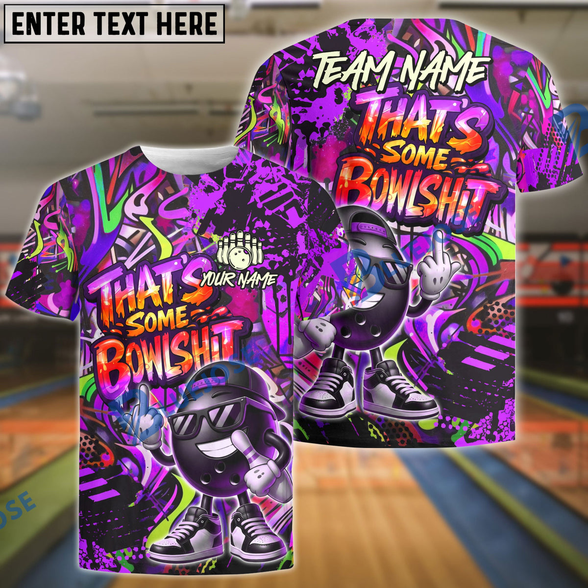BlueJose Bowling & Pins  Funny Graffiti Cool Cartoon Street Art Design That's Some Bowlshit Customized Name, Team Name 3D Shirt (4 Colors)