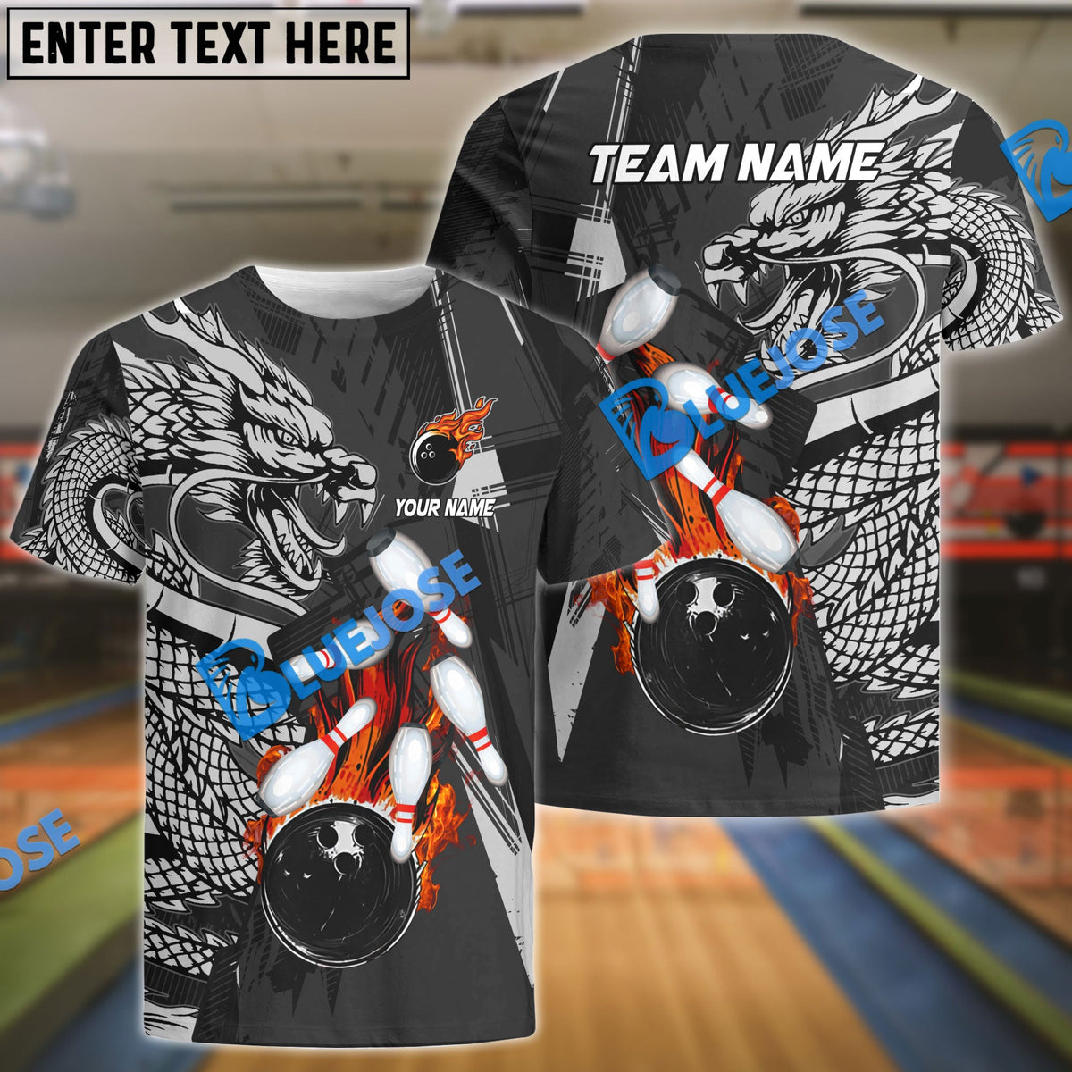 BlueJose Bowling And Pins Dragon Flame Fire Customized Name 3D Shirt (4 Colors)