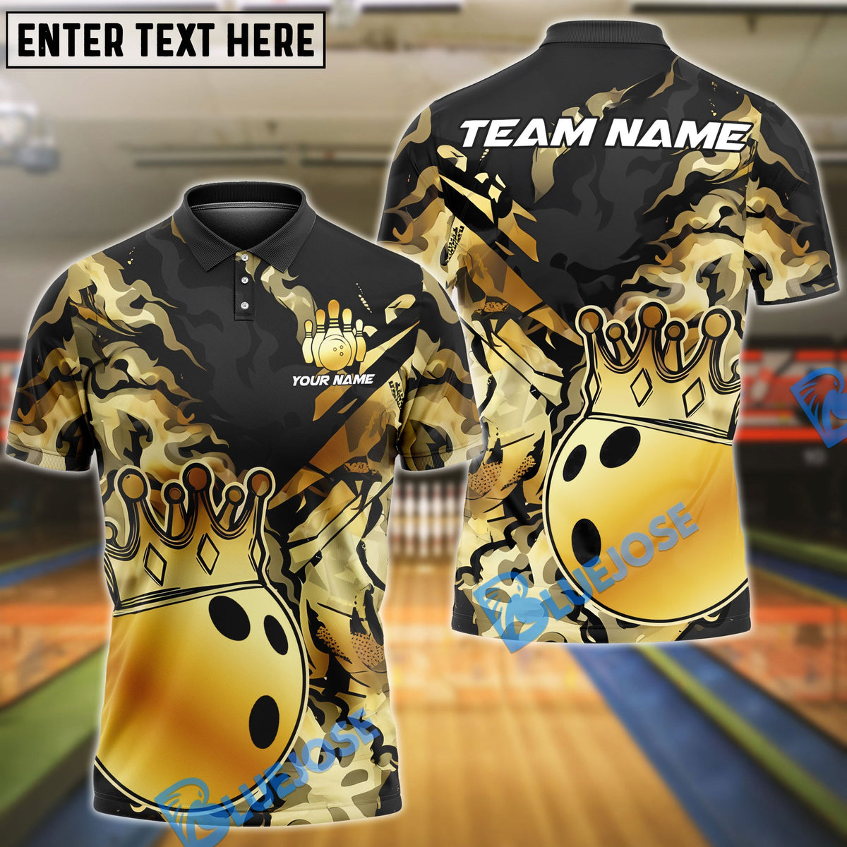 BlueJose Bowling King Crown Golden Pattern Customized Name 3D Shirt (4 Colors)