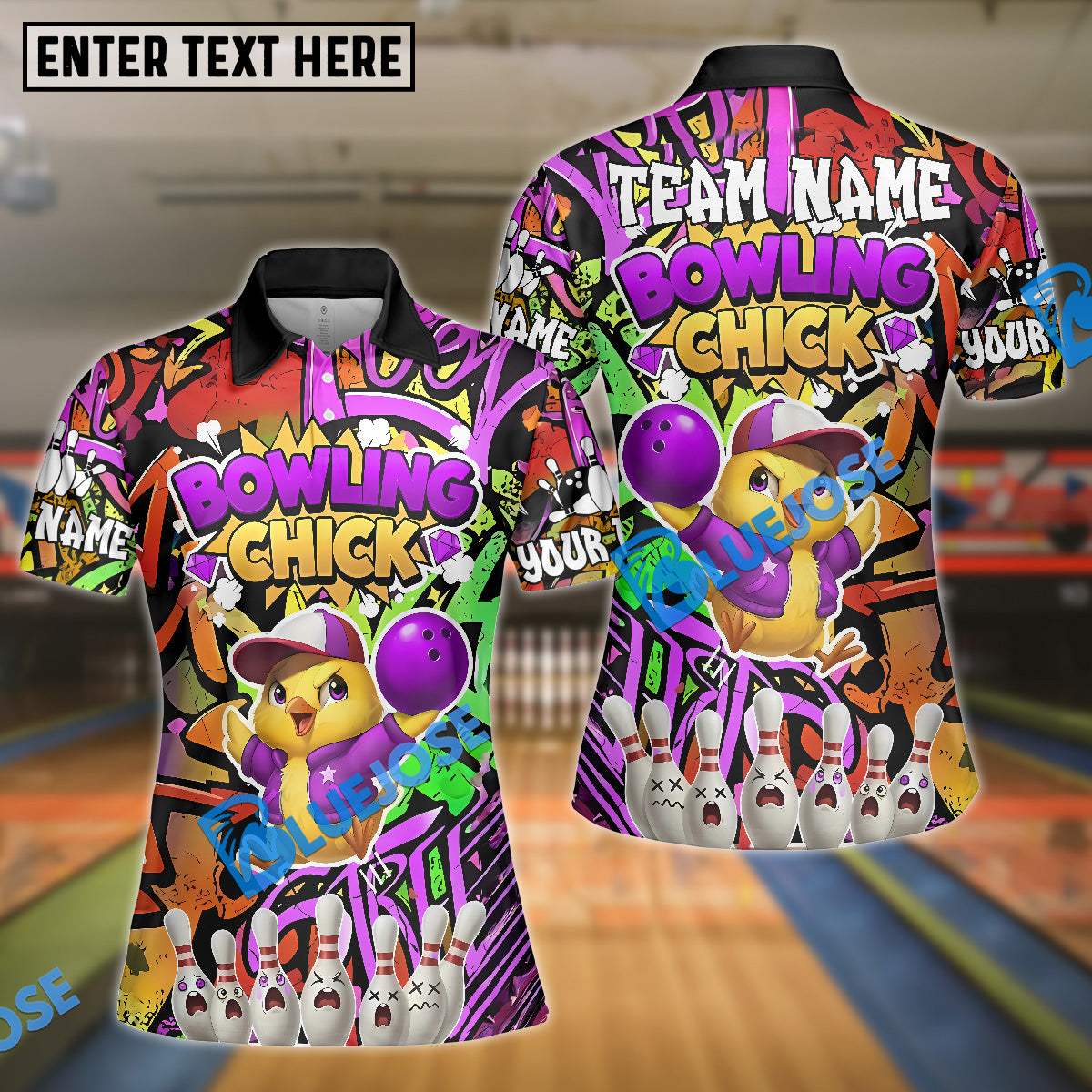 BlueJose Bowling Chick Street Art Customized Name, Team Name 3D Shirt (4 Colors)