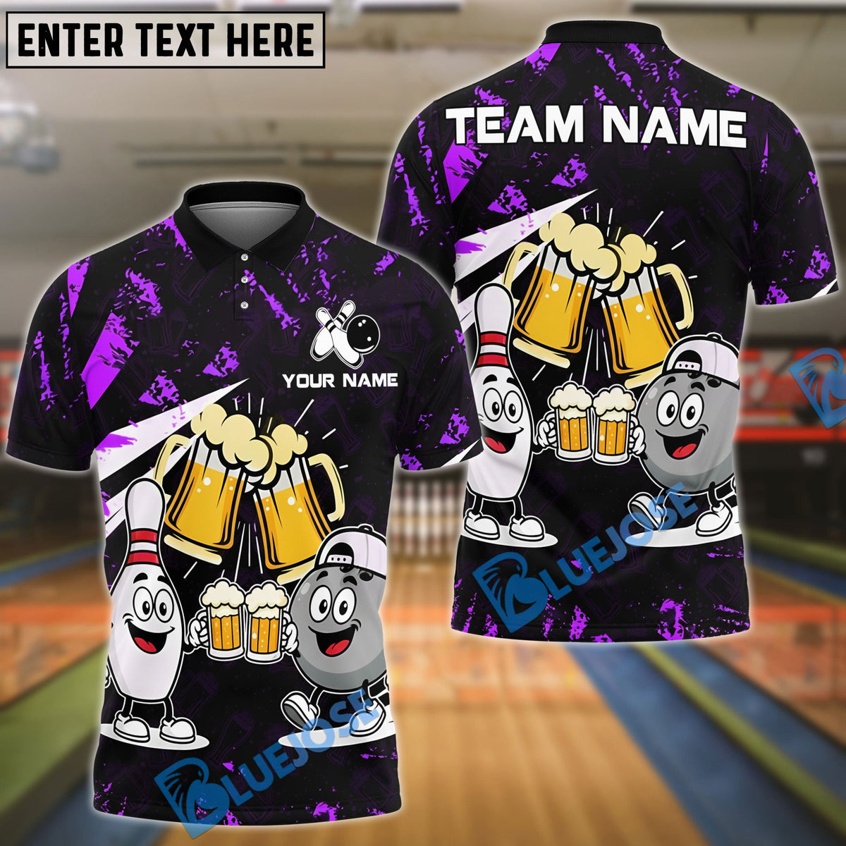 BlueJose Bowling And Pins Funny Beer & Bowling Pins Cartoon Design Customized Name, Team Name 3D Shirt (6 Colors)