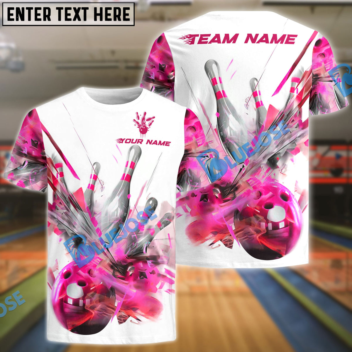 BlueJose Bowling And Pins Glass Broken Customized Name, Team Name 3D Shirt (4 Colors)