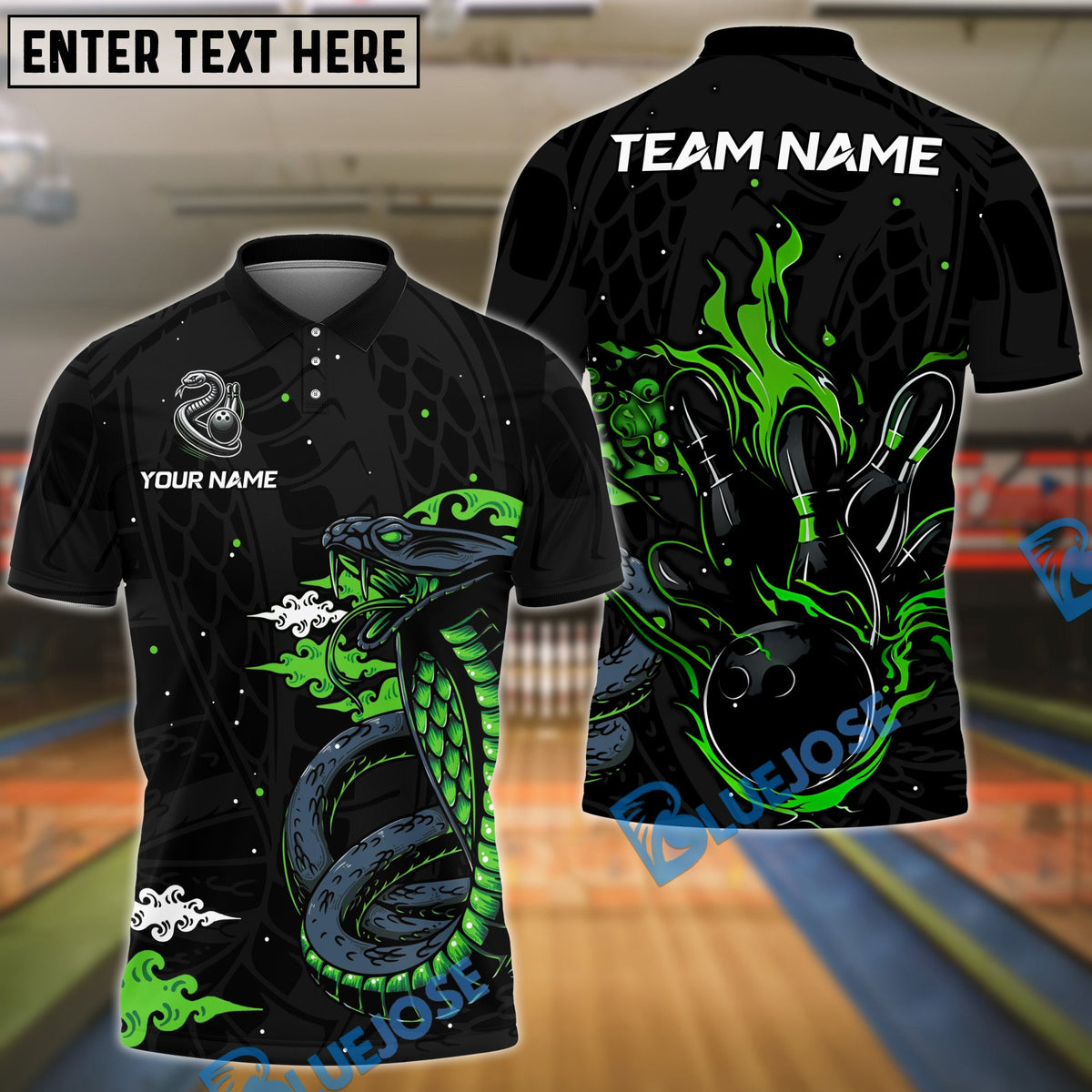 BlueJose Bowling And Pins Black & Neon Venomous Snake Customized Name And Team Name 3D Shirt (4 Colors)