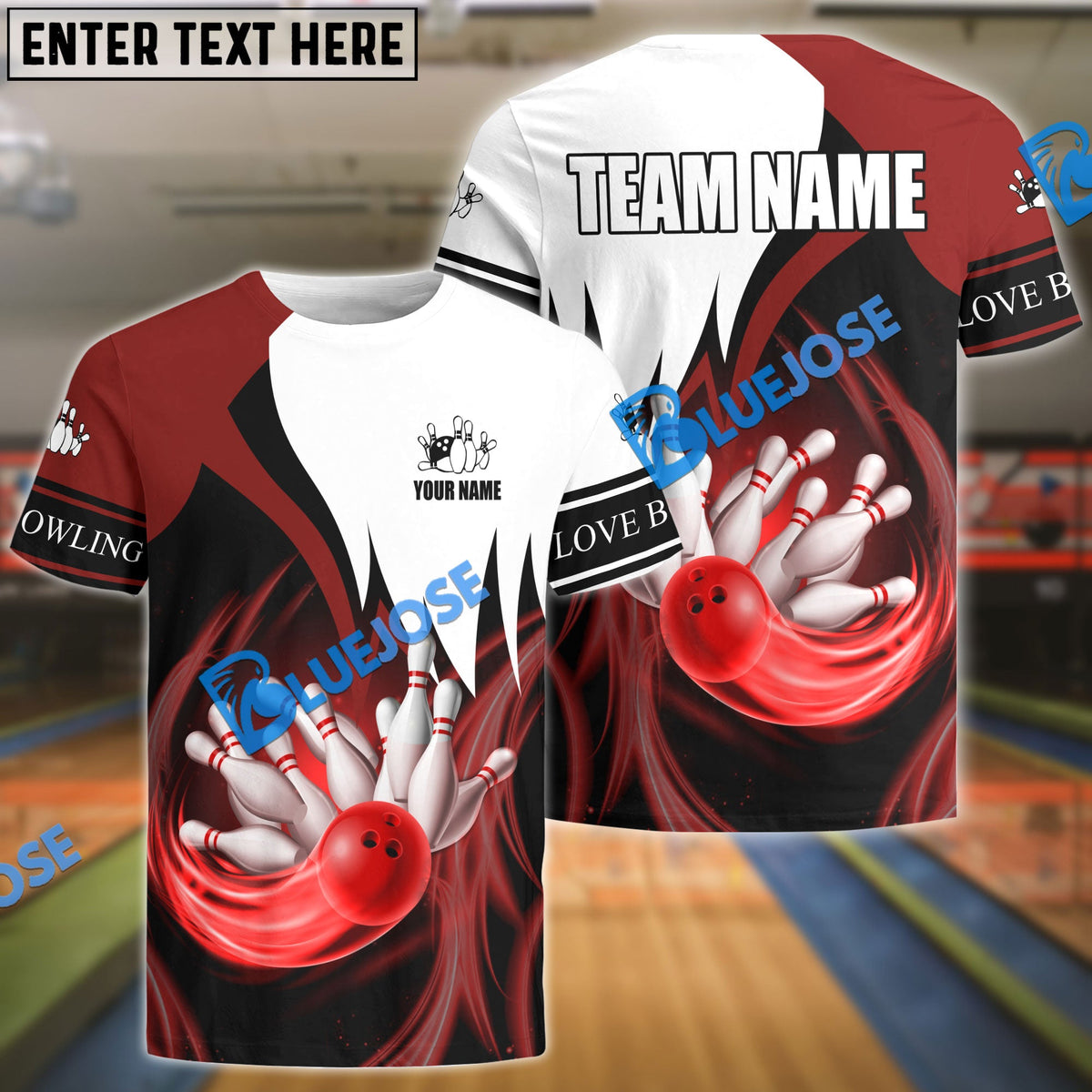 BlueJose Bowling and Pins Color & White Personalized Name, Team Name Unisex Shirt (4 Colors)