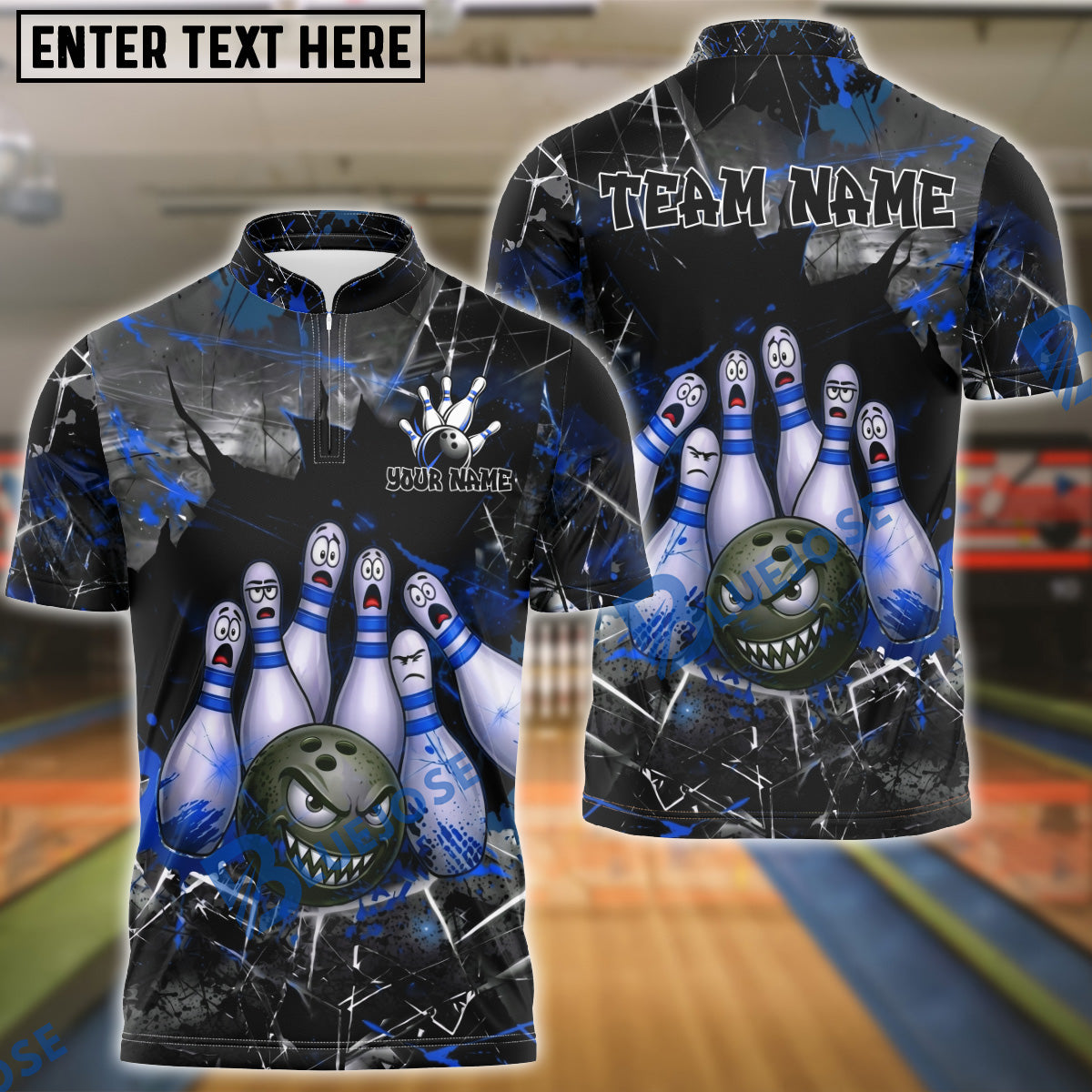BlueJose Bowling And Pins Horror Strike Scary Pins Angry Ball Design Customized Name, Team Name 3D Shirt (4 Colors)