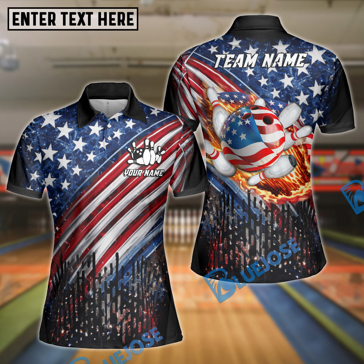 BlueJose Bowling USA Flag Flaming Strike Bowling Ball Patriotic Design Personalized Name, Team Name 3D Shirt