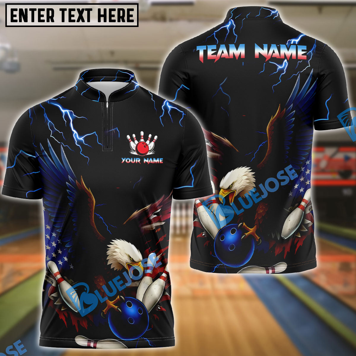 BlueJose Bowling And Pins Eagle Thunderstrike Customized Name, Team Name 3D Shirt (4 Colors)