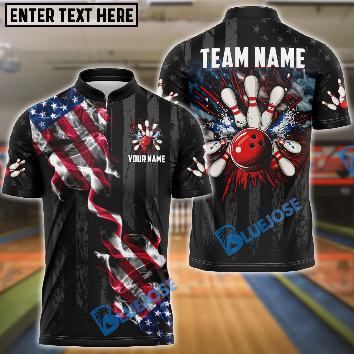 BlueJose Bowling And Pins Black Smoke American Flag Customized Name, Team Name 3D Shirt