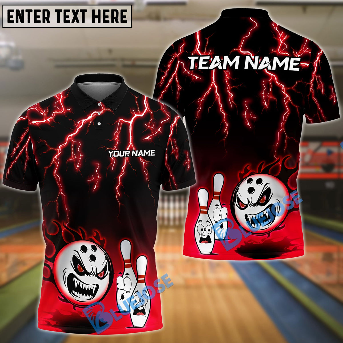 BlueJose Bowling Flaming Angry Ball Customized Name, Team Name 3D Shirt (4 Colors)