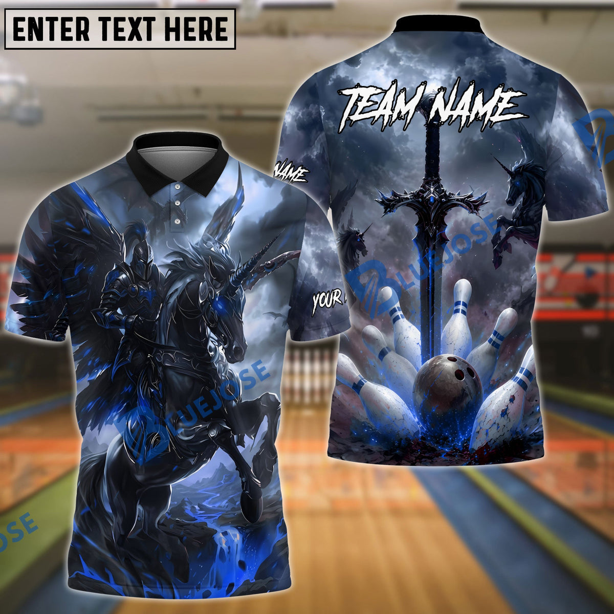 BlueJose Bowling And Pins Dark Fantasy Knight Unicorn Sword Design Customized Name, Team Name 3D Shirt (4 Colors)
