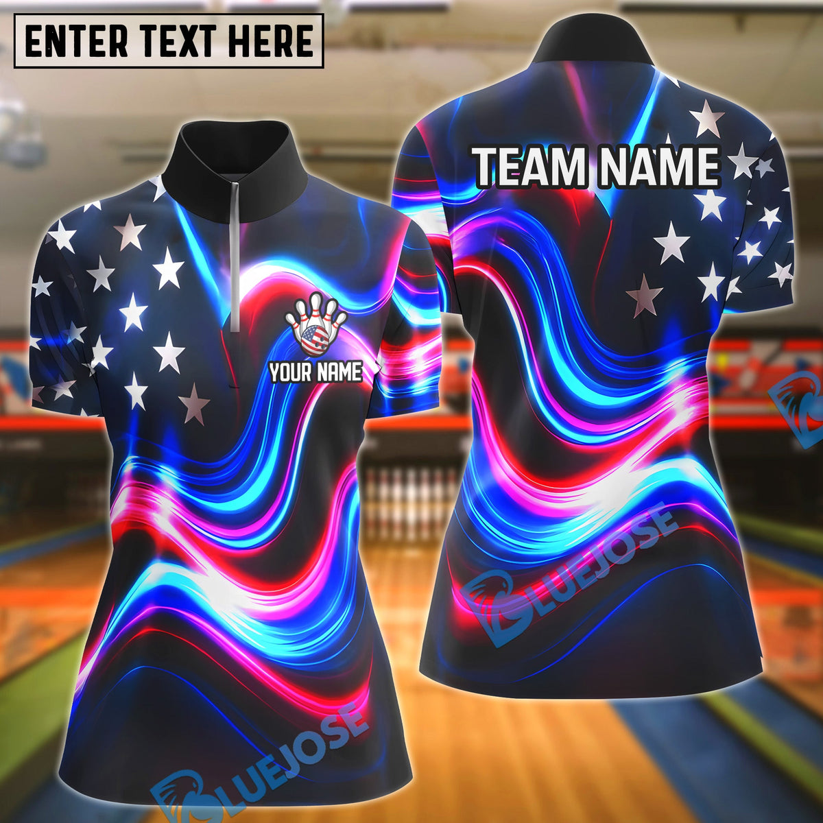 BlueJose Bowling And Pins American Flag Watercolor Customized Name, Team Name 3D Shirt