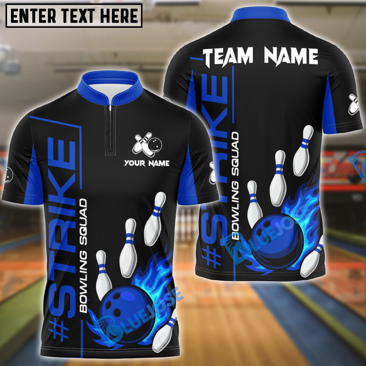 BlueJose Bowling And Pins Strike Design Flaming Ball Customized Name, Team Name 3D Shirt (4 Colors)