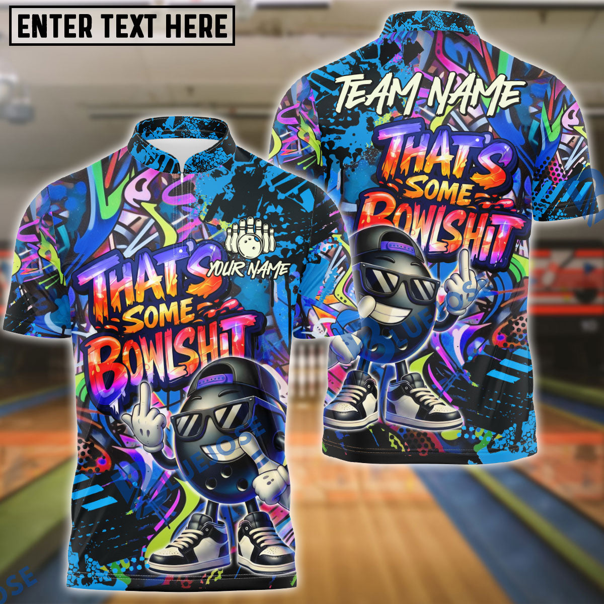 BlueJose Bowling & Pins  Funny Graffiti Cool Cartoon Street Art Design That's Some Bowlshit Customized Name, Team Name 3D Shirt (4 Colors)