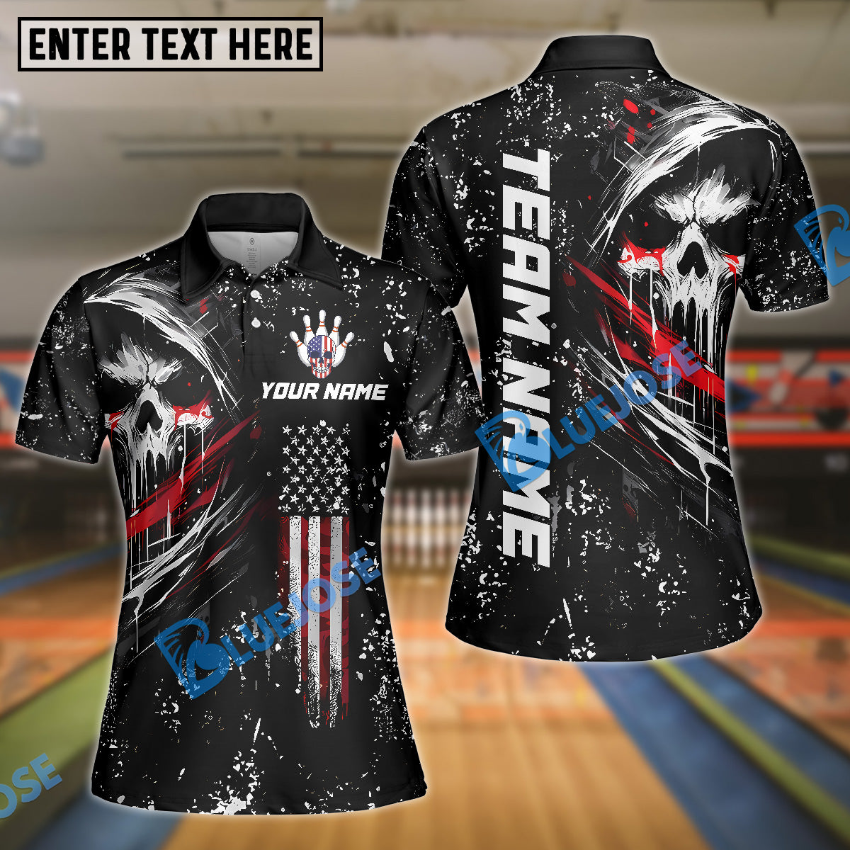 BlueJose Bowling And Pins Grim Skull with American Flag Personalized Name, Team Name Shirt