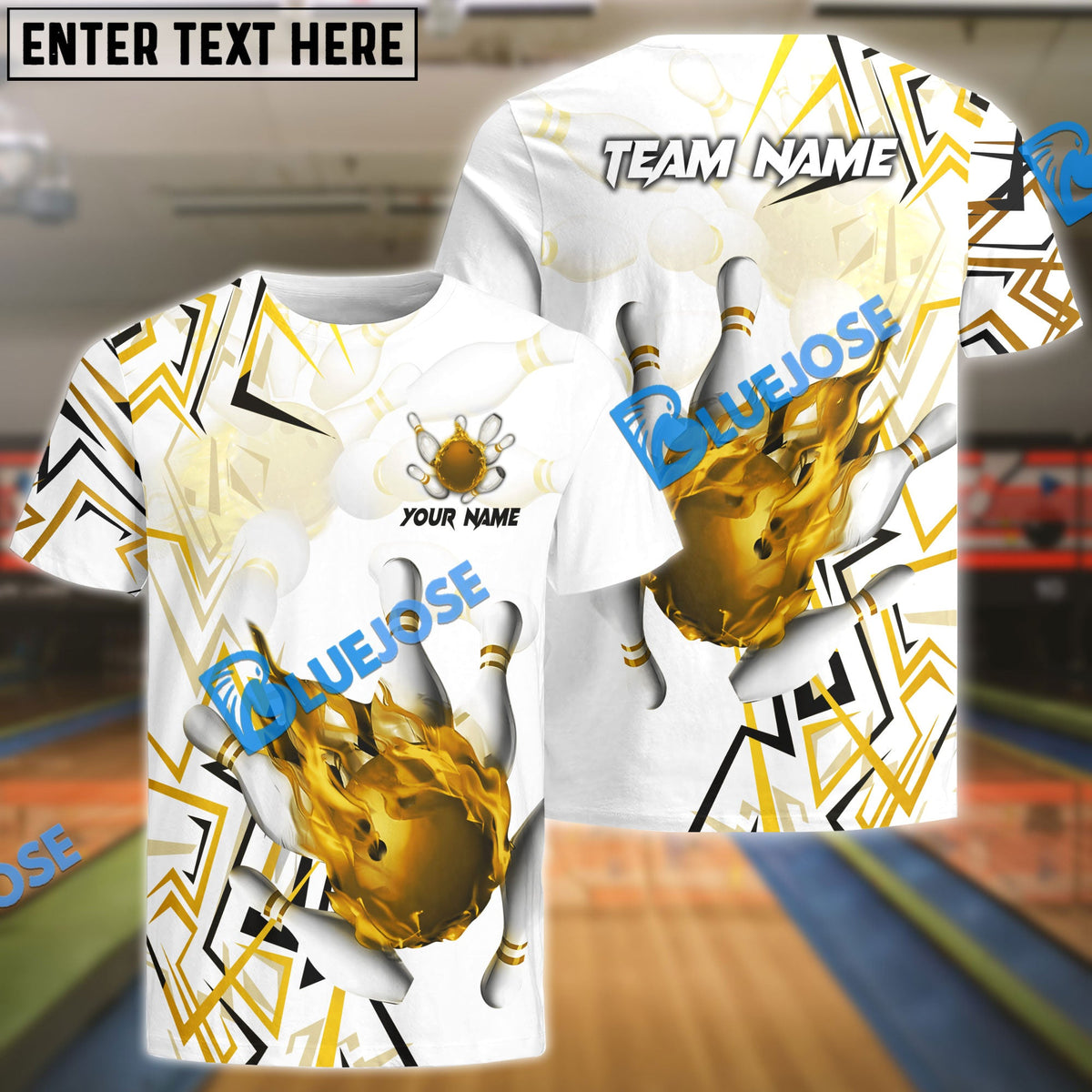 BlueJose Bowling And Pins Fire Zigzag Customized Name 3D Shirt (4 Colors)