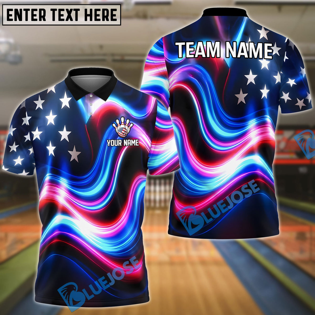 BlueJose Bowling And Pins American Flag Watercolor Customized Name, Team Name 3D Shirt