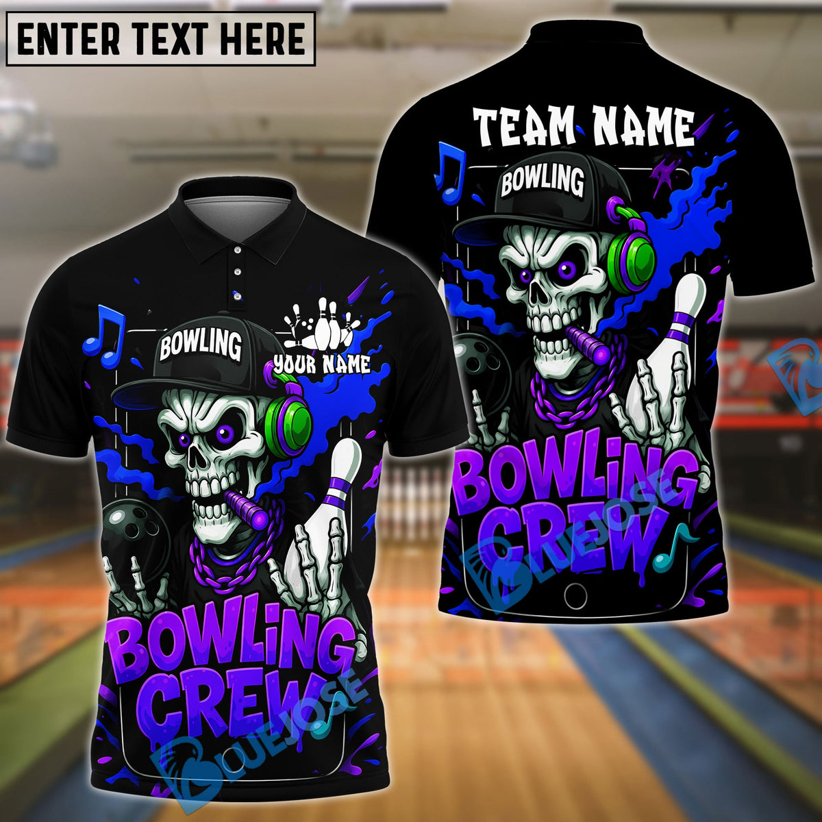 BlueJose Bowling And Pins Skull DJ Crew Customized Name, Team Name 3D Shirt (4 Colors)