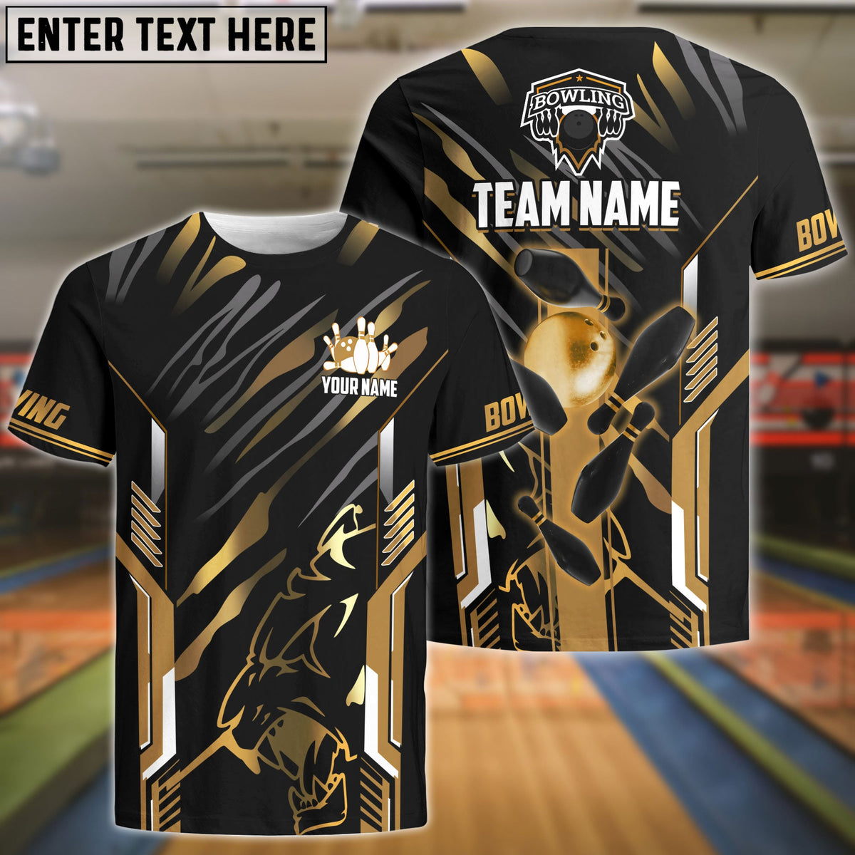 BlueJose Bowling And Pins Premium Panther Pattern Customized Name 3D Shirt (4 Colors)