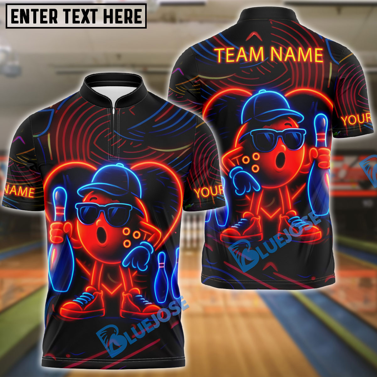 BlueJose Bowling Ball & Pins Neon Funny Customized Name, Team Name 3D Shirt (4 Colors)