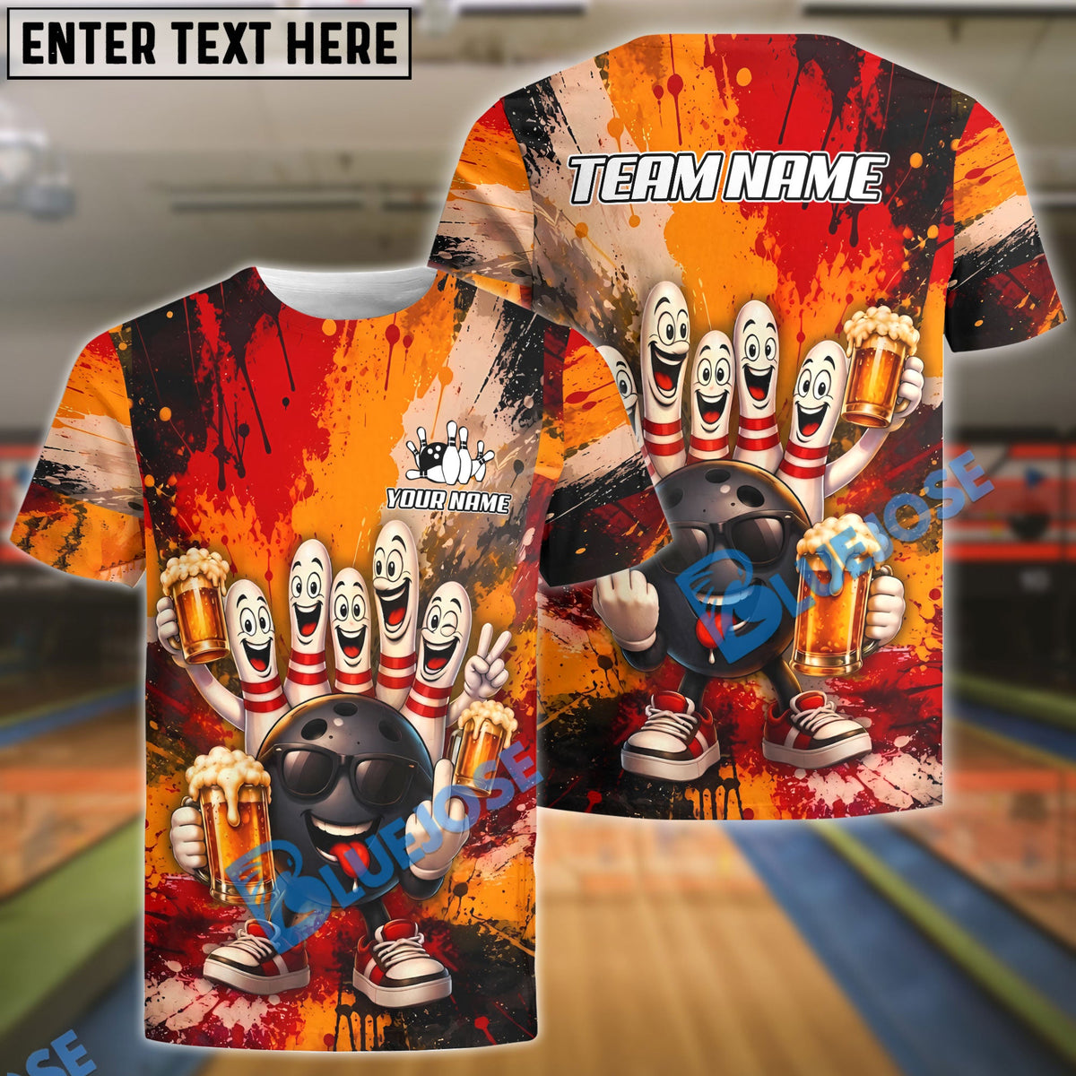 BlueJose Bowling And Pins Bad Attitude Cartoon Beer Party Gang Customized Name, Team Name 3D Shirt (4 Colors)